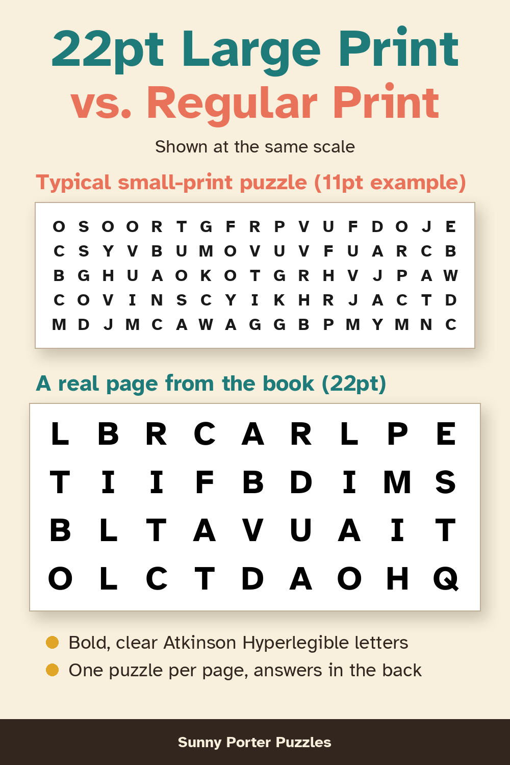An 11 point example word search grid next to a real 22 point grid from the book, shown at the same scale