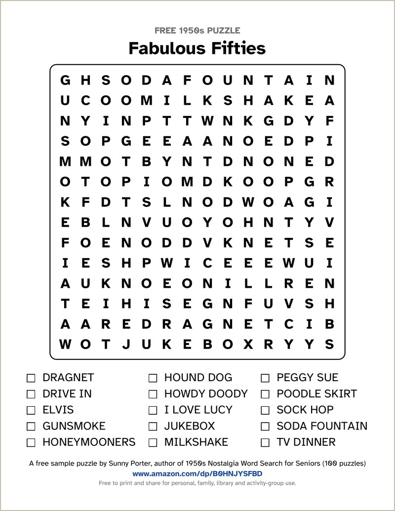 Fabulous Fifties large-print 1950s word search with a 14 by 14 letter grid and a word list with tick boxes