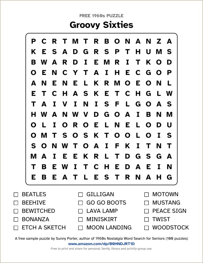 Groovy Sixties large-print 1960s word search with a 14 by 14 letter grid and a word list with tick boxes
