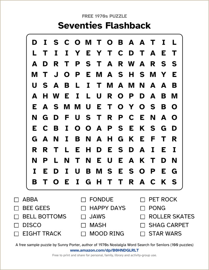 Seventies Flashback large-print 1970s word search with a 14 by 14 letter grid and a word list with tick boxes