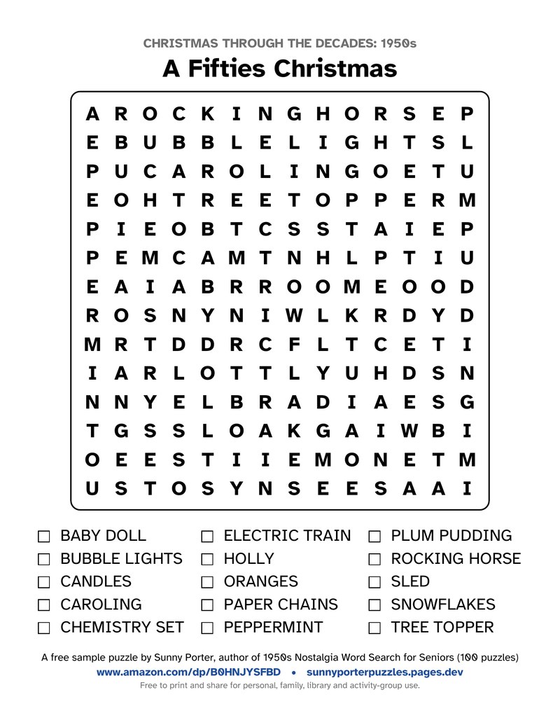 A Fifties Christmas, a large-print 1950s Christmas word search with a 14 by 14 letter grid and a word list with tick boxes