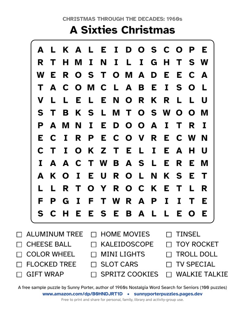 A Sixties Christmas, a large-print 1960s Christmas word search with a 14 by 14 letter grid and a word list with tick boxes