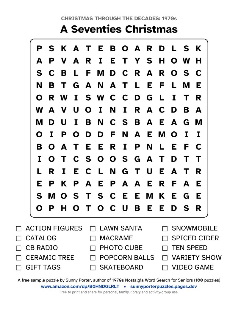 A Seventies Christmas, a large-print 1970s Christmas word search with a 14 by 14 letter grid and a word list with tick boxes